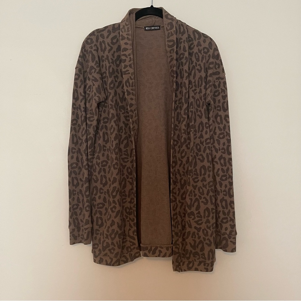 3/15💚 Miss Chiveous Waffle Knit Open Cardigan Taupe Brown Leopard Animal Print - Picture 6 of 6